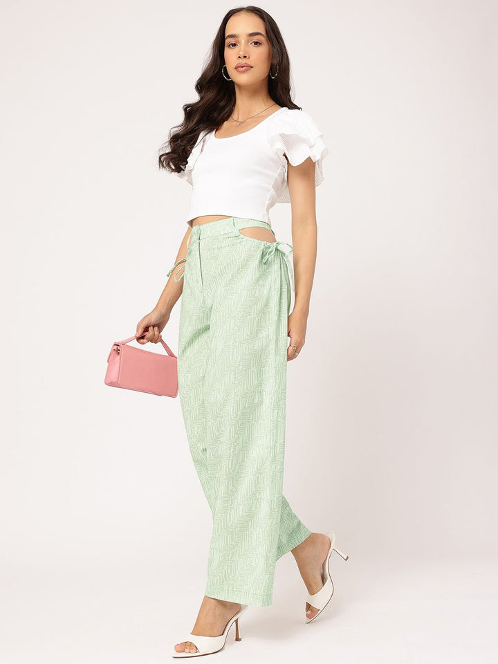 DressBerry Women Flowy Finesse Printed Cut-Out Straight Trousers
