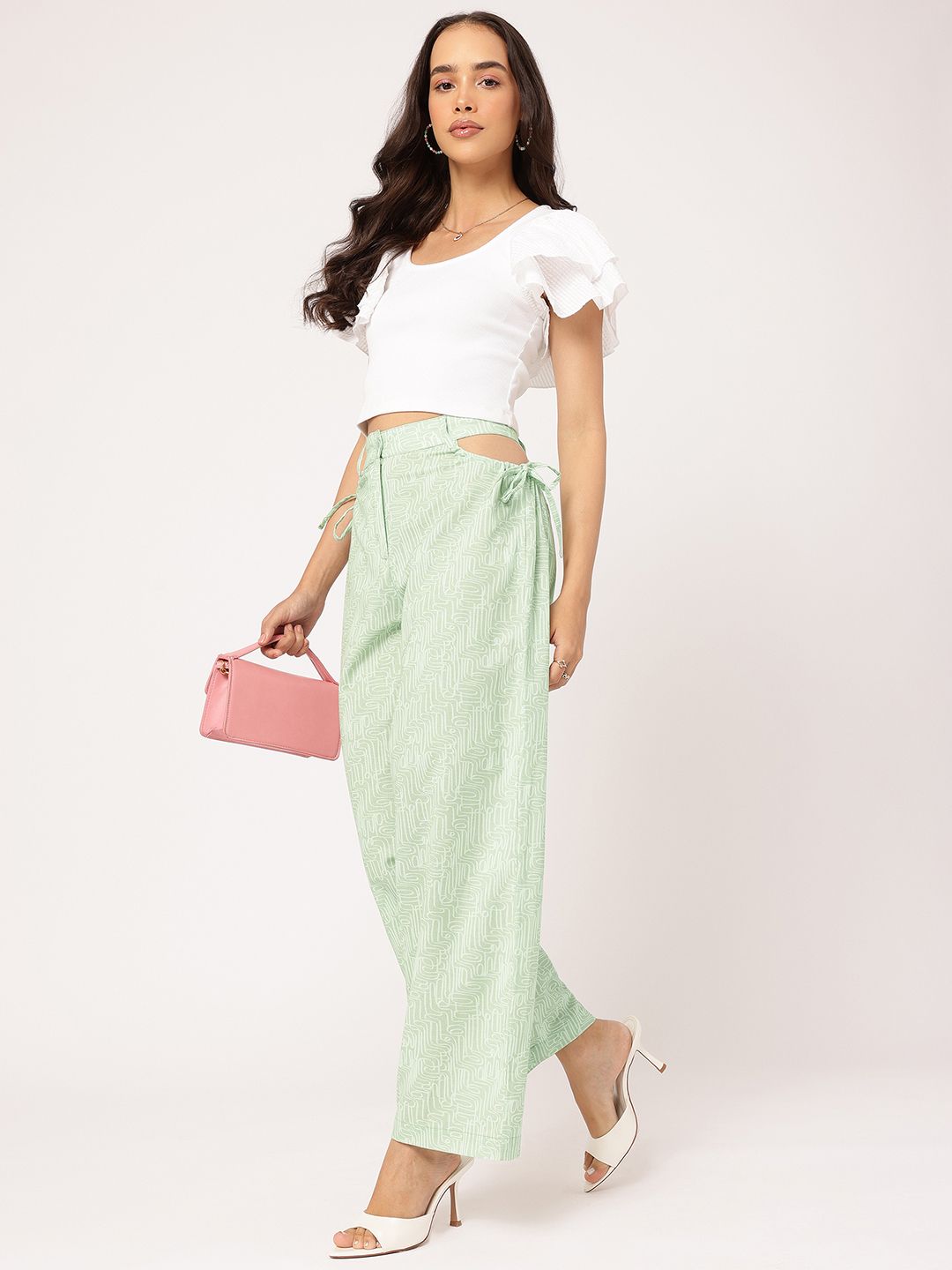 DressBerry Women Flowy Finesse Printed Cut-Out Straight Trousers