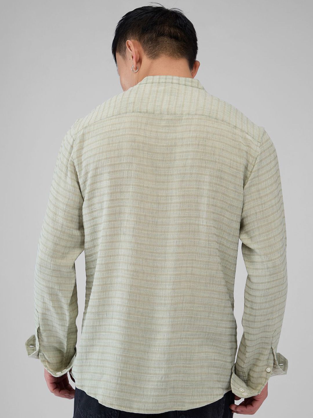VASTRADO Men Classic Band Collar Horizontal Striped Cotton Casual Shirt