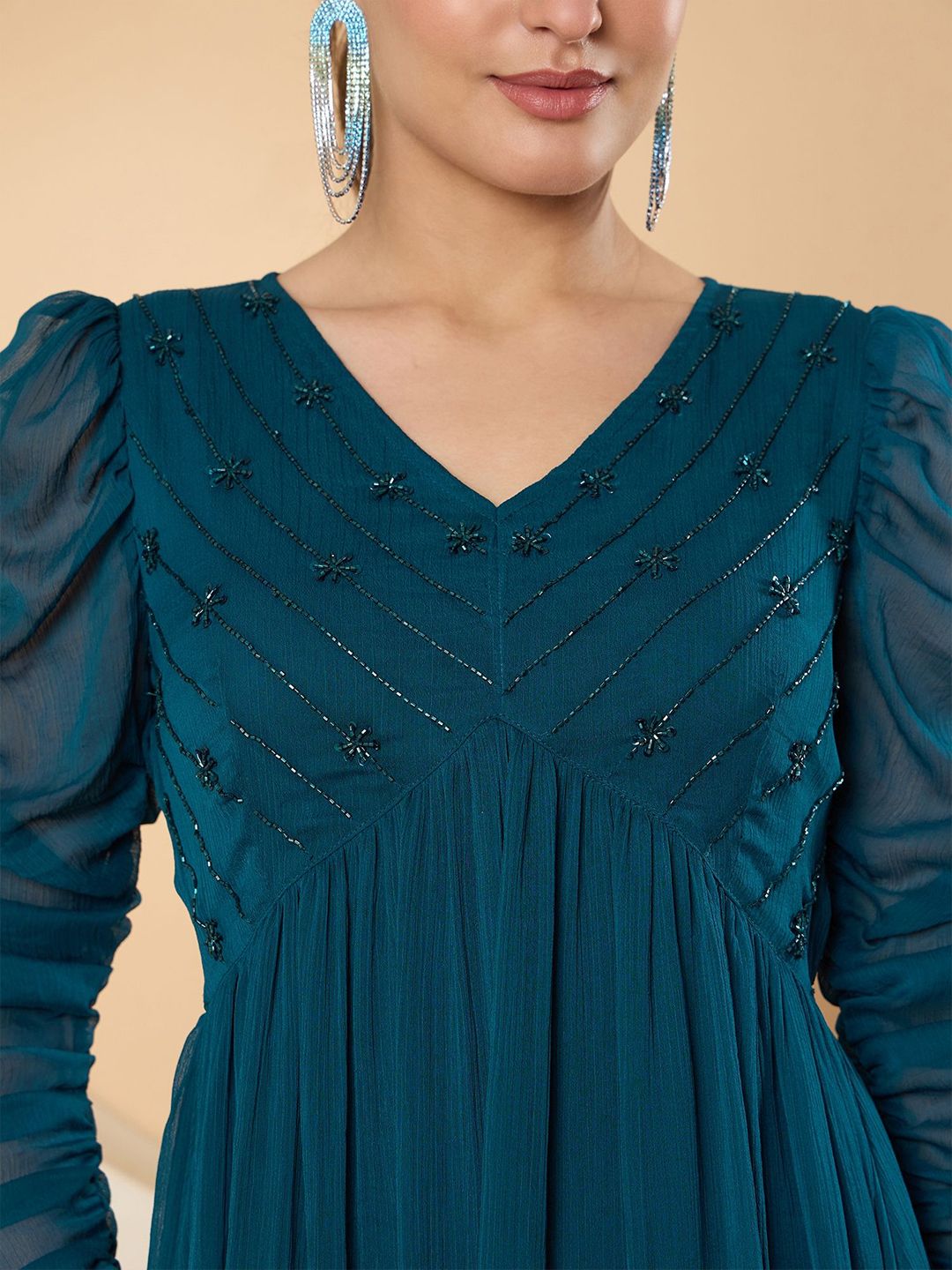 Antheaa Puff Sleeve Chiffon Embellished A-Line Midi Dress