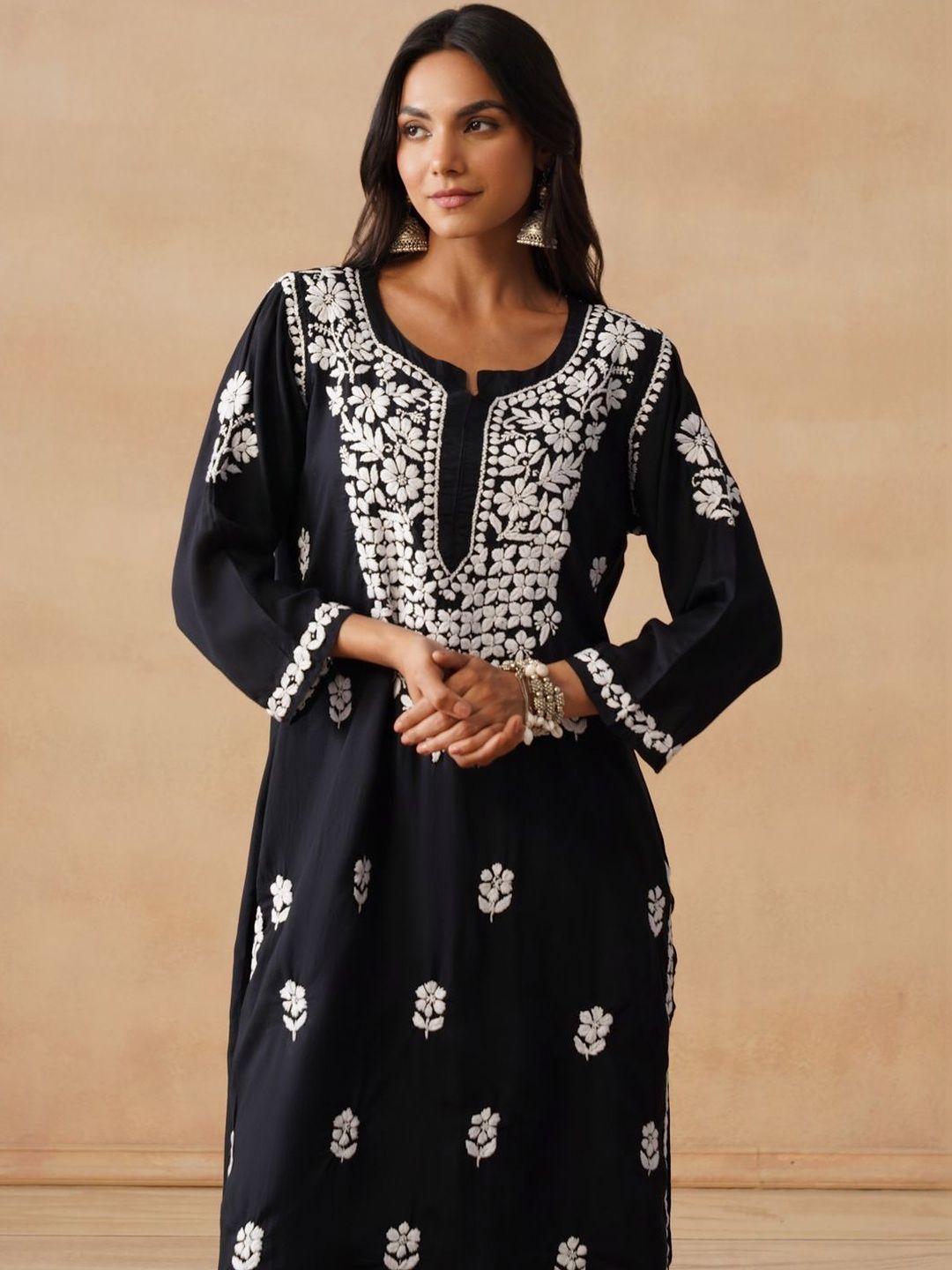 House of Chikankari Women Solid Black Modal Kurta