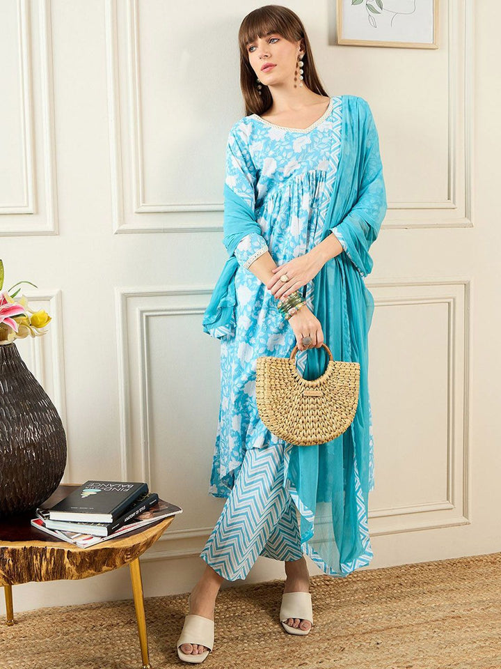Indo Era Floral Printed A-Line Mirror Work Pure Cotton Kurta with Trousers & Dupatta