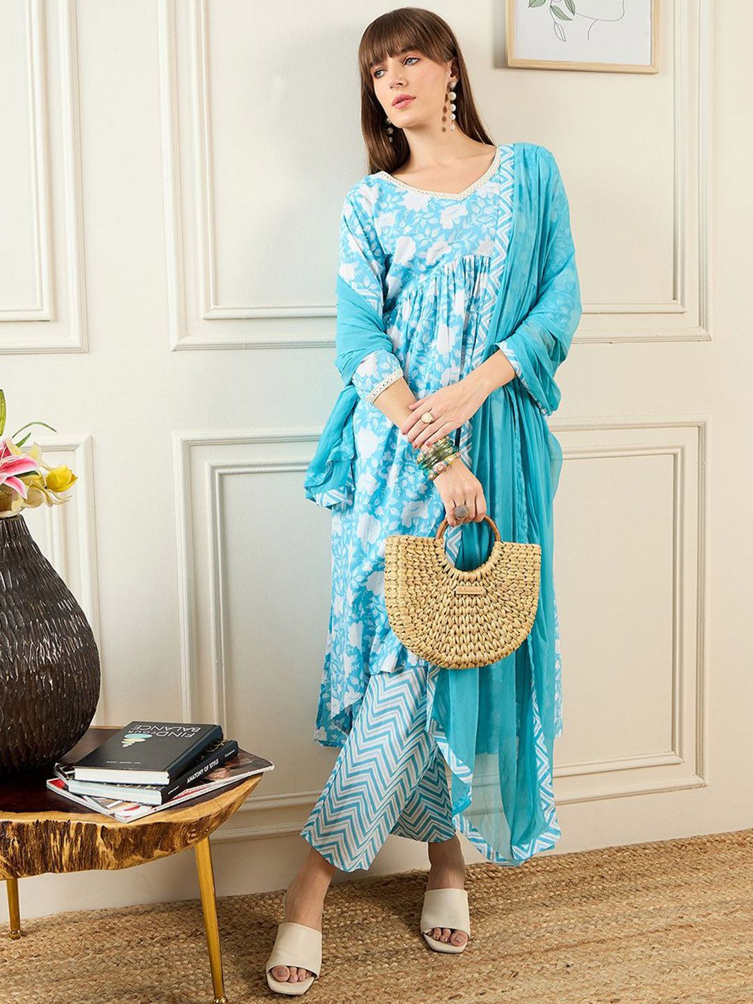 Indo Era Floral Printed A-Line Mirror Work Pure Cotton Kurta with Trousers & Dupatta