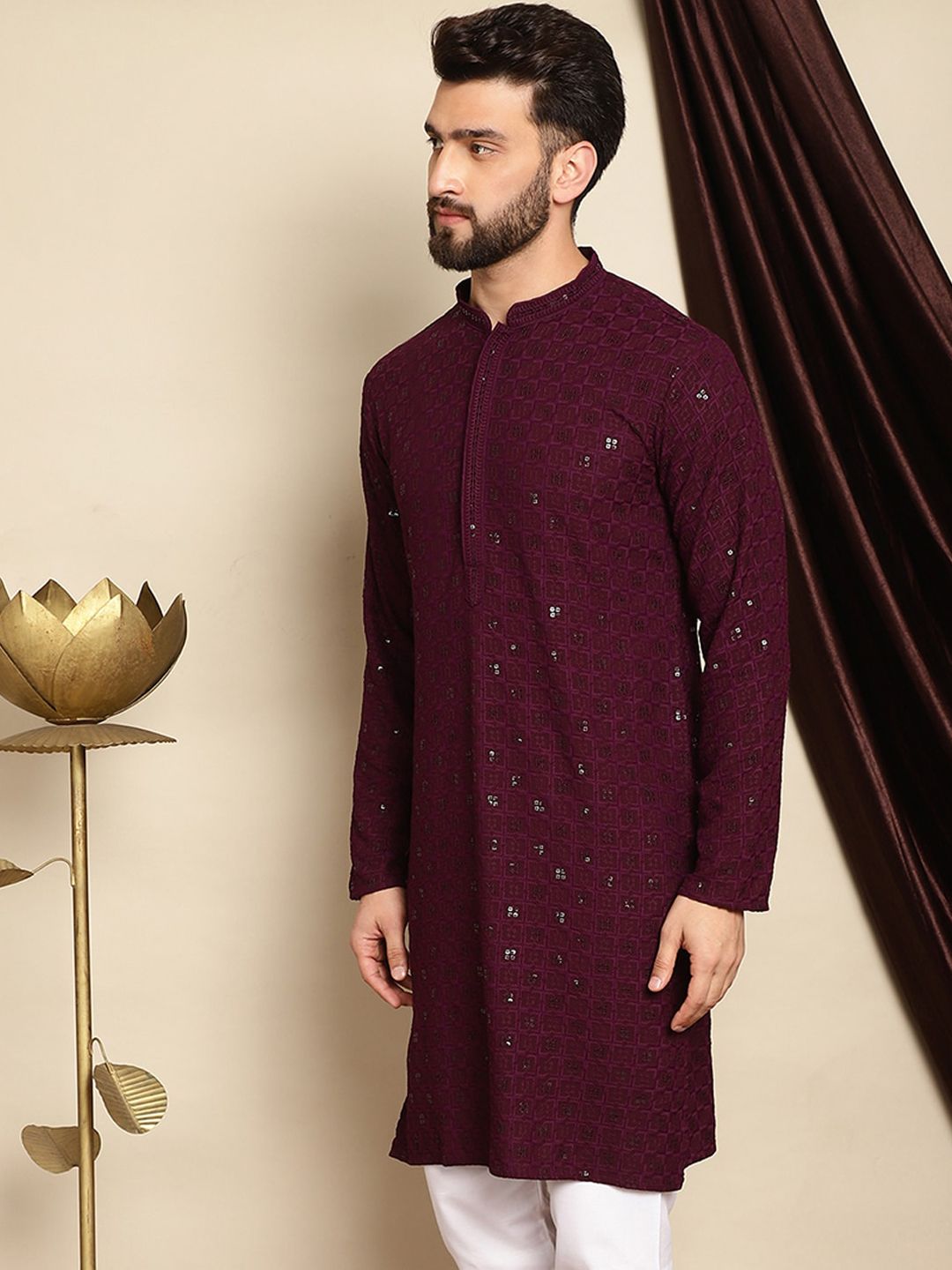 Anouk Burgundy Ethnic Motifs Embroidered Pure Cotton Sequined Straight Kurta