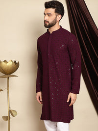 Anouk Burgundy Ethnic Motifs Embroidered Pure Cotton Sequined Straight Kurta