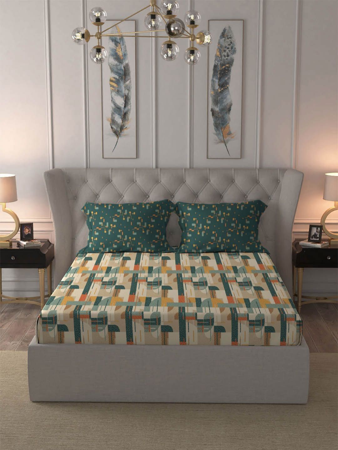 TRIDENT Brooke Green Dusk & Dawn Flat 144TC Queen Cotton Bedsheet Set