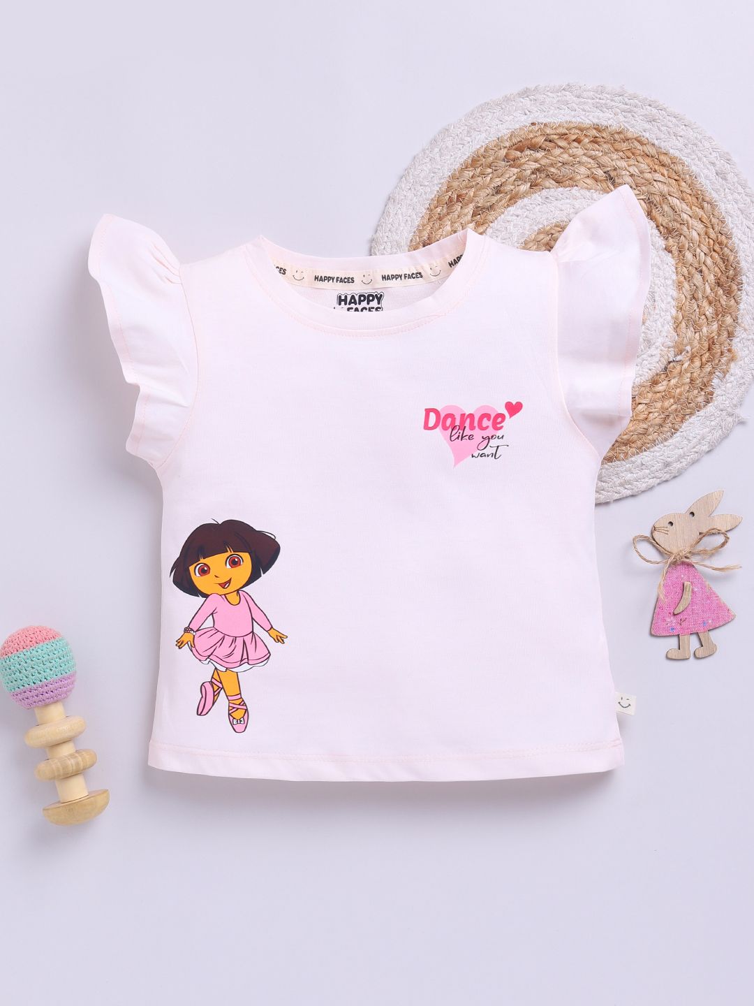 Happy Faces Kids Girls Dora Printed Flutter Sleeve Pure Cotton Top