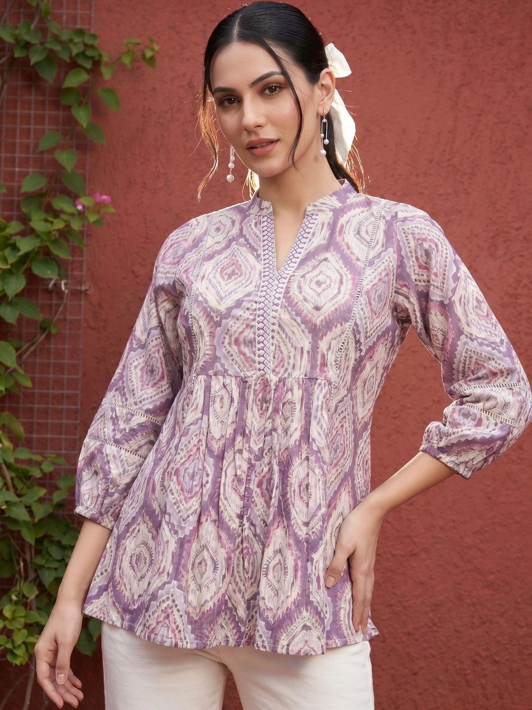 Mamicha Print Mandarin Collar Bishop Sleeves Cotton Top