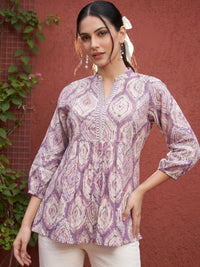 Mamicha Print Mandarin Collar Bishop Sleeves Cotton Top