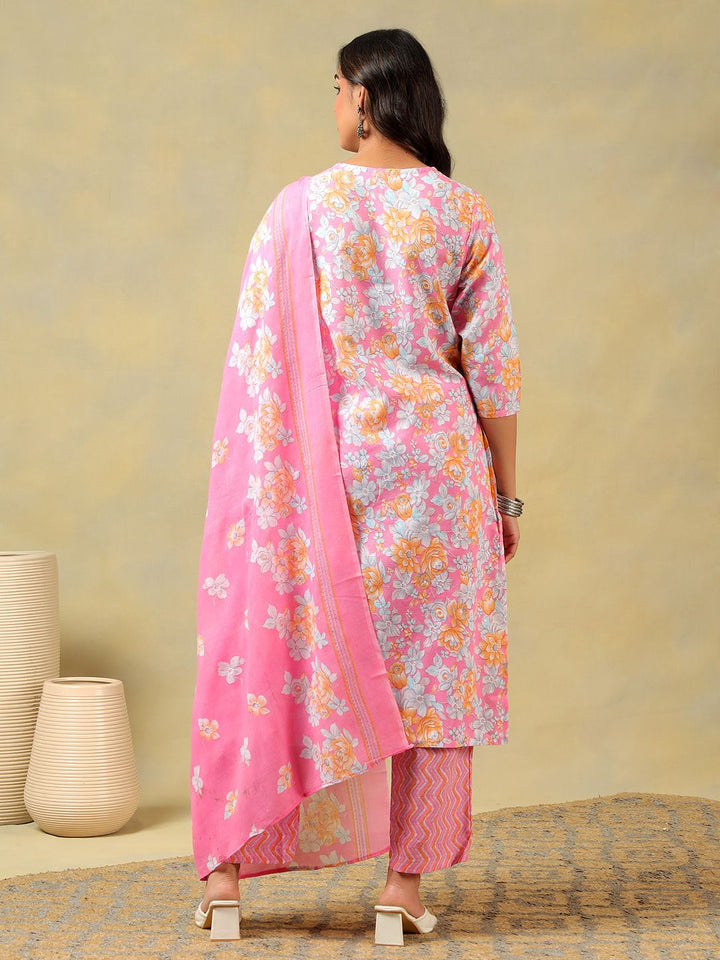 Mamicha Women Floral Printed Regular Thread Work Pure Cotton Kurta with Trousers & With Dupatta
