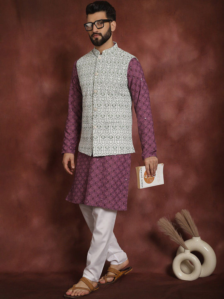 Anouk Thread Work Embroidered Regular Kurta with Churidar & Nehru jacket
