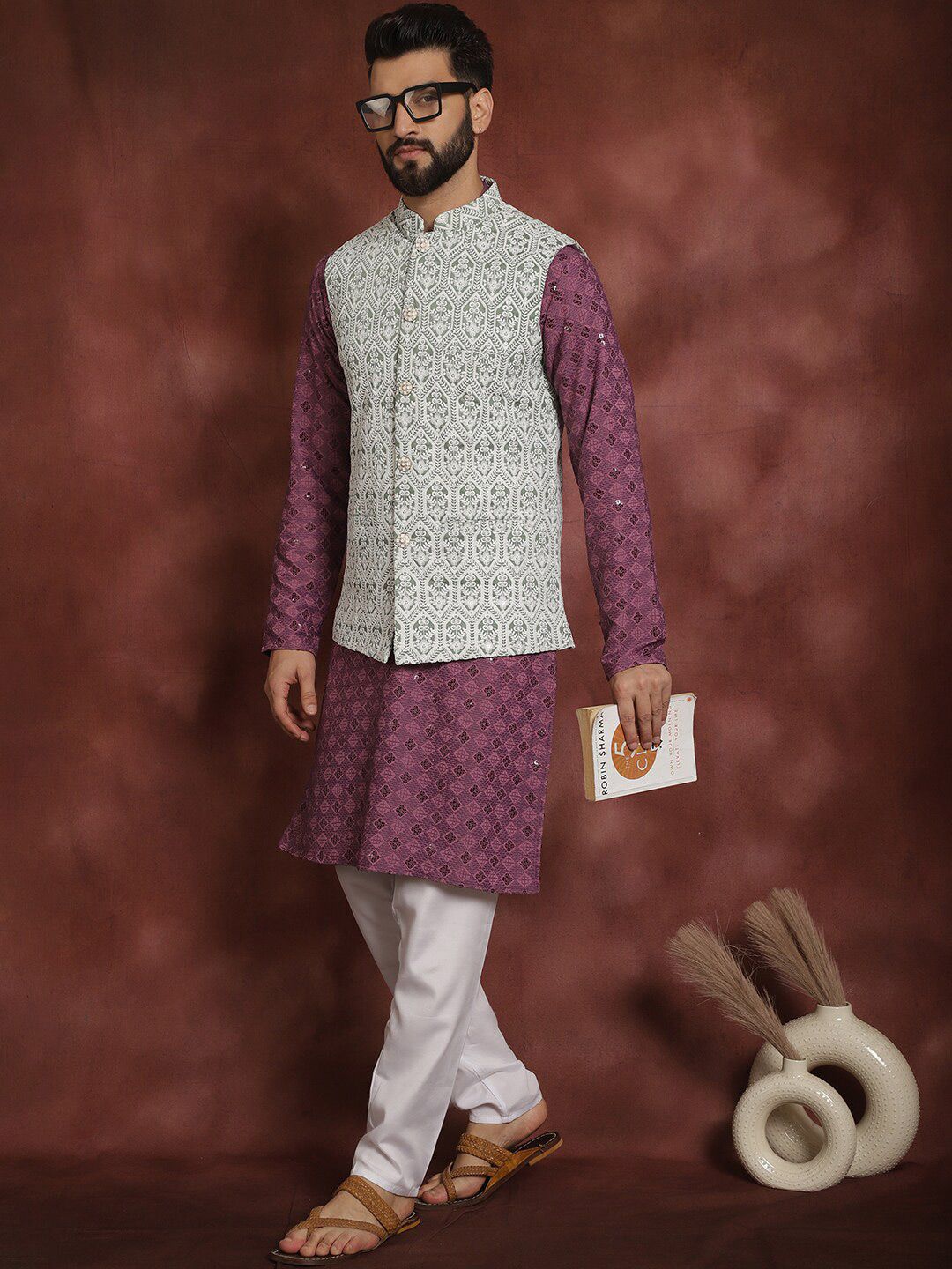Anouk Thread Work Embroidered Regular Kurta with Churidar & Nehru jacket