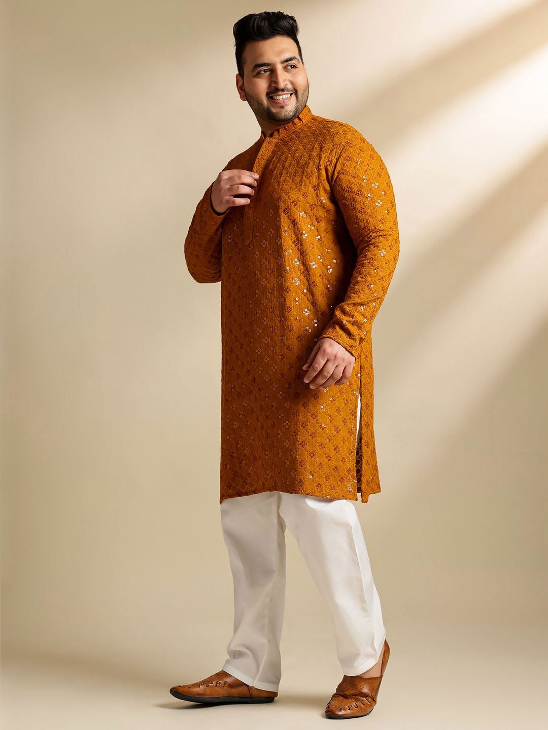 SOJANYA PLUS Men Plus Size Embellished Festive Cotton Straight Kurta