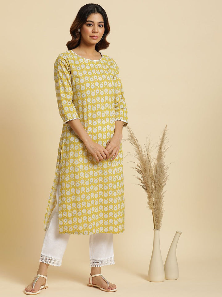 W Geometric Printed Thread Work Cotton Straight Kurta