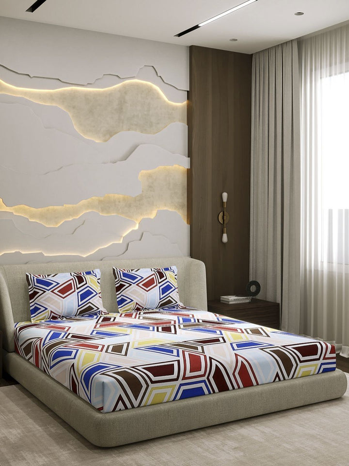 Monte Carlo Blue & Rust Printed Cotton 104 TC Queen Bedsheet Set 2.24 m x 2.54 m