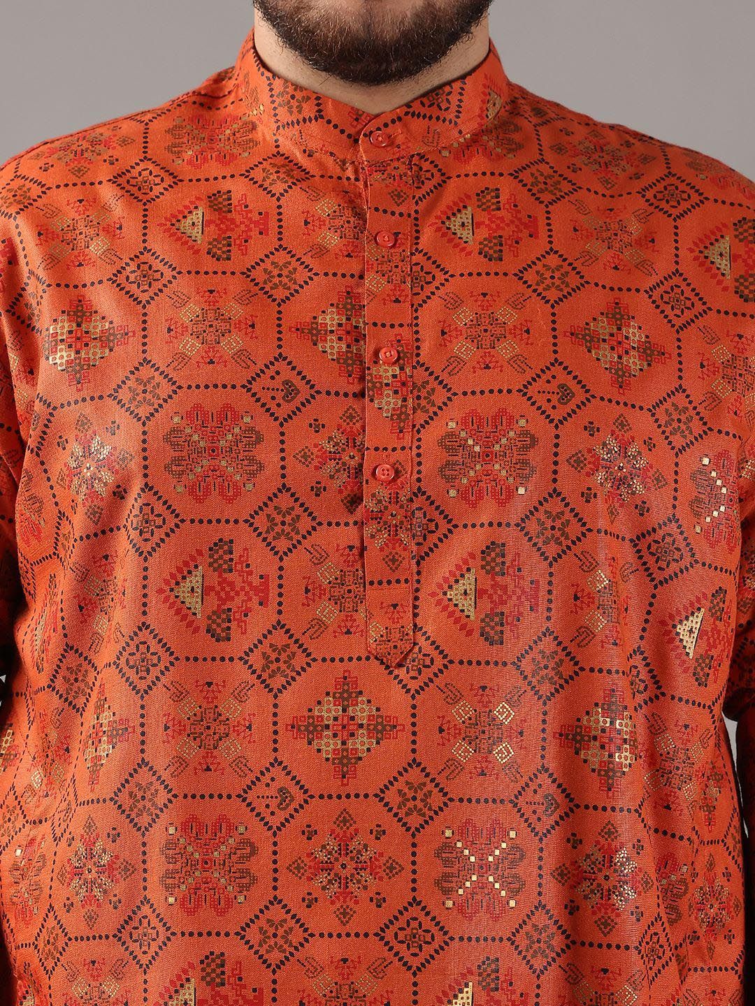 SOJANYA PLUS Plus Size Lelaki Motif Etnik Bercetak Kolar Jalur Kurta Lurus Dengan Piyama