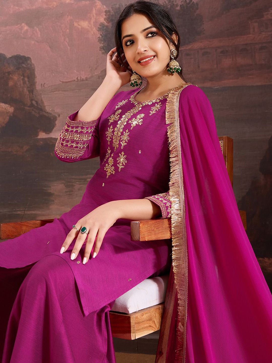 House of Pataudi Floral Embroidered Straight Kurta & Sharara with Dupatta