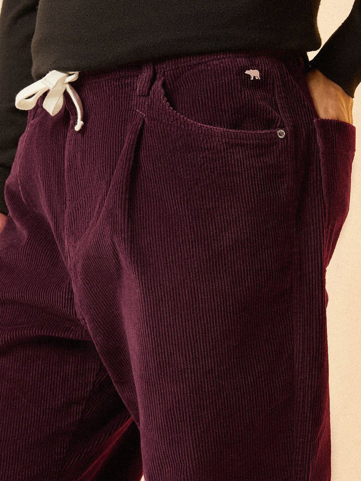 THE BEAR HOUSE Men Striped Loose Fit Corduroy Pleated Chinos Trousers