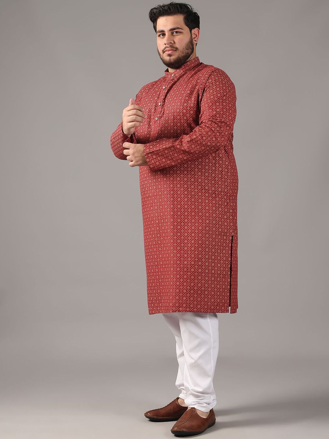 SOJANYA PLUS Plus Size Lelaki Motif Etnik Bercetak Cotton Linen Kurta Lurus Dengan Piyama
