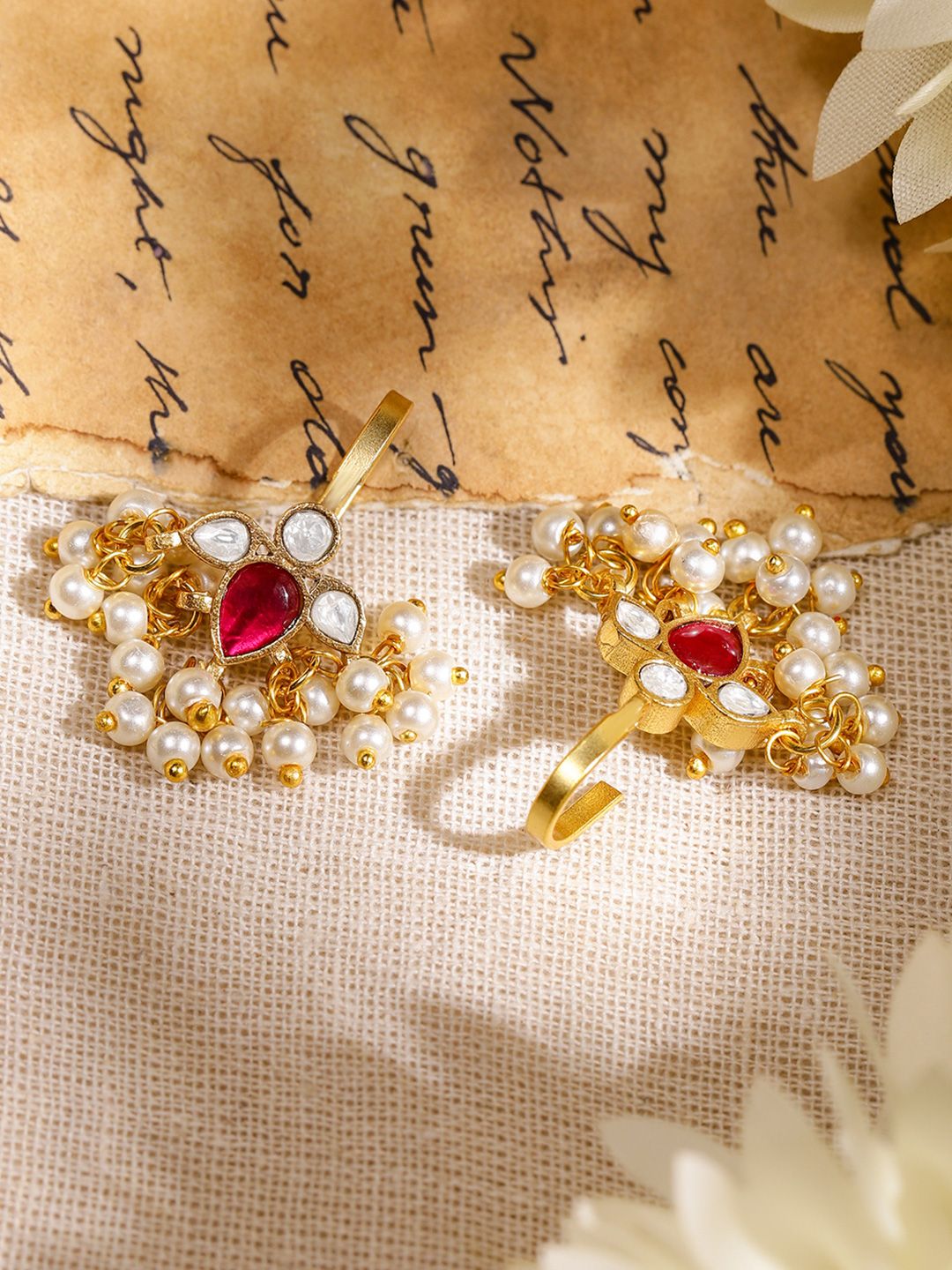 Rubans 22K Gold-Plated Ruby Pink & White Kundan Handcrafted Ear Cuff with Pearl Beads