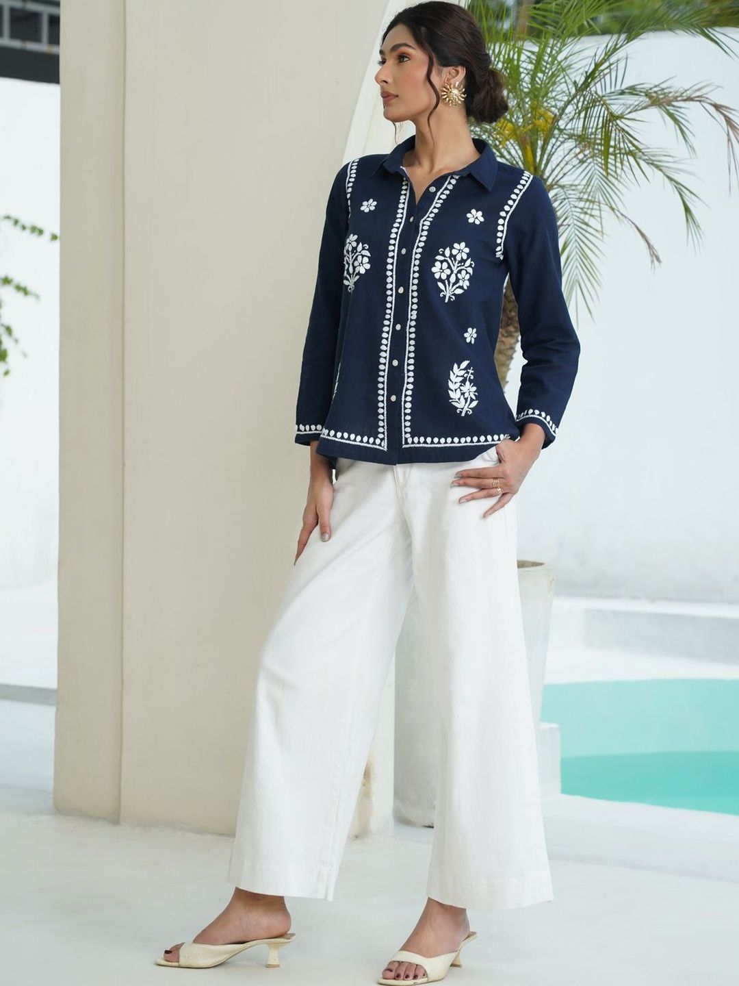 House of Chikankari Women Straight Floral Printed Spread Collar Cotton Baju Kasual