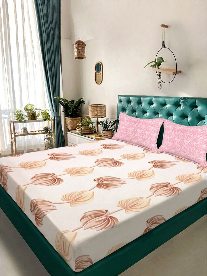 Aura Cream-Coloured & Pink Floral Printed 300 TC King Bedsheet Set 2.5 m x 2.25 m