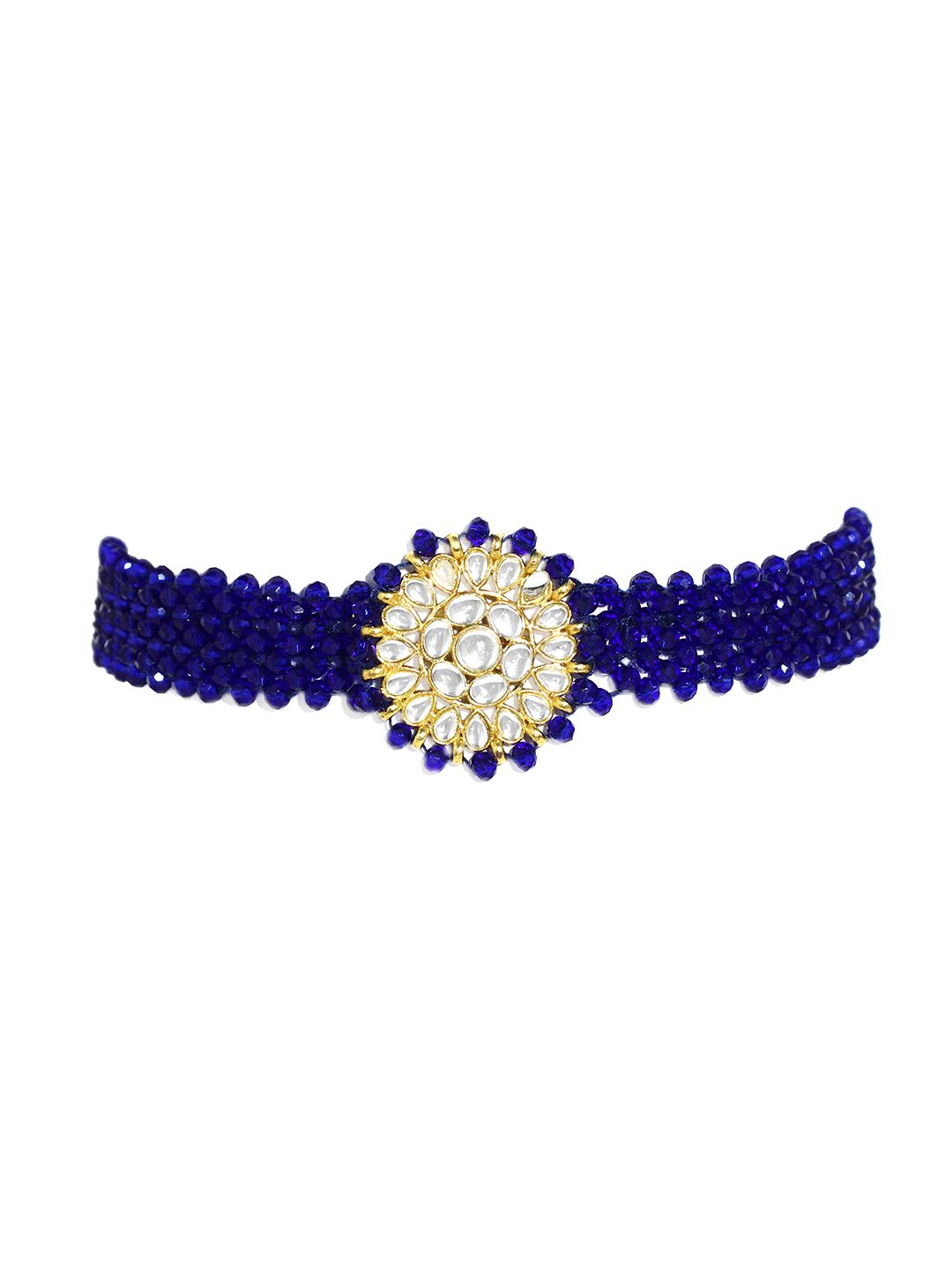 KARATCART Gold-Plated White Crystal & Kundan-Studded & Blue Beaded Handcrafted Jewellery Set