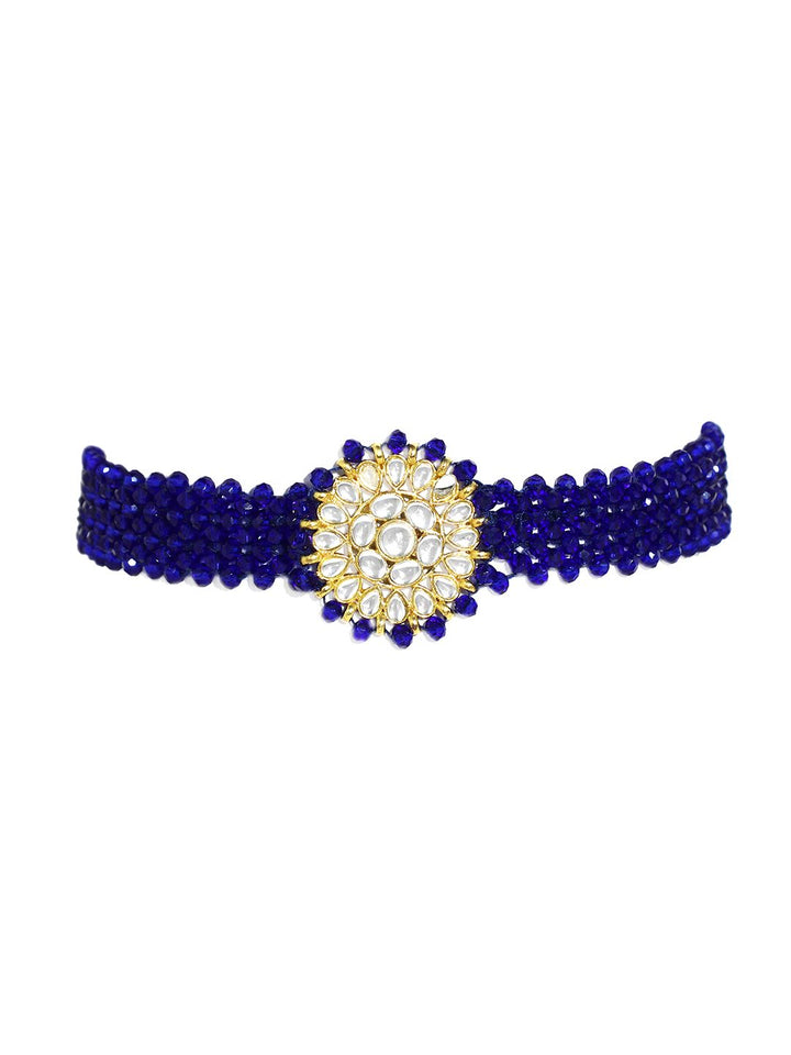 KARATCART Gold-Plated White Crystal & Kundan-Studded & Blue Beaded Handcrafted Jewellery Set