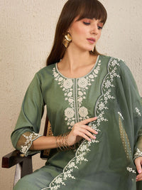 Indo Era Floral Embroidered Straight Kurta With Trousers & Dupatta