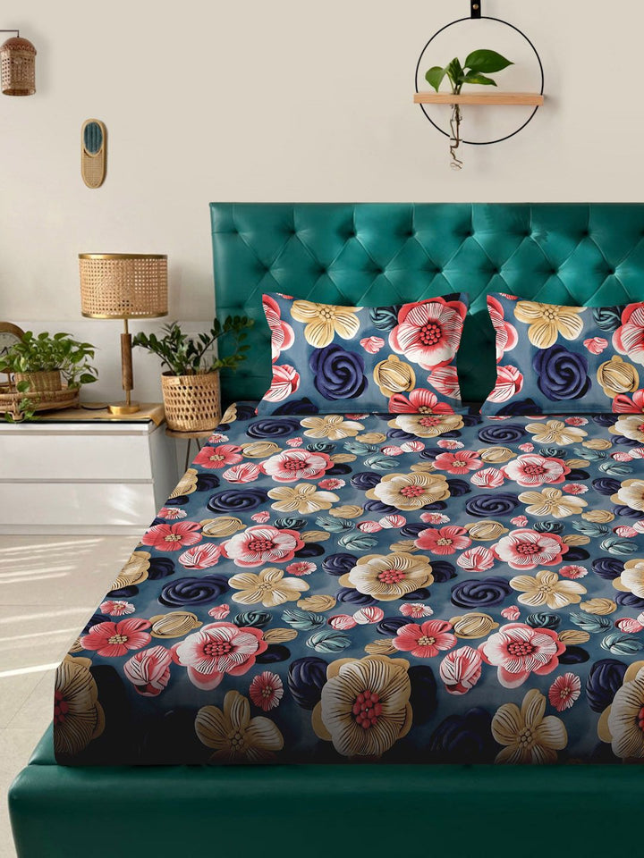 KLOTTHE Blue & Pink Floral 300-Thread Count 7D-King Size Bedsheet With 2-Pillow Covers
