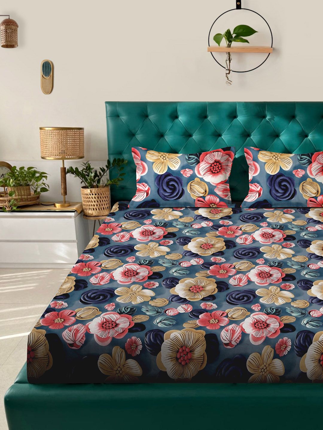 KLOTTHE Blue & Pink Floral 300-Thread Count 7D-King Size Bedsheet With 2-Pillow Covers
