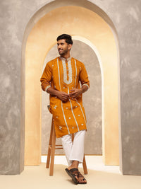 Anouk Geometric Embroidered Mandarin Collar Thread Work Cotton Silk Straight Kurta