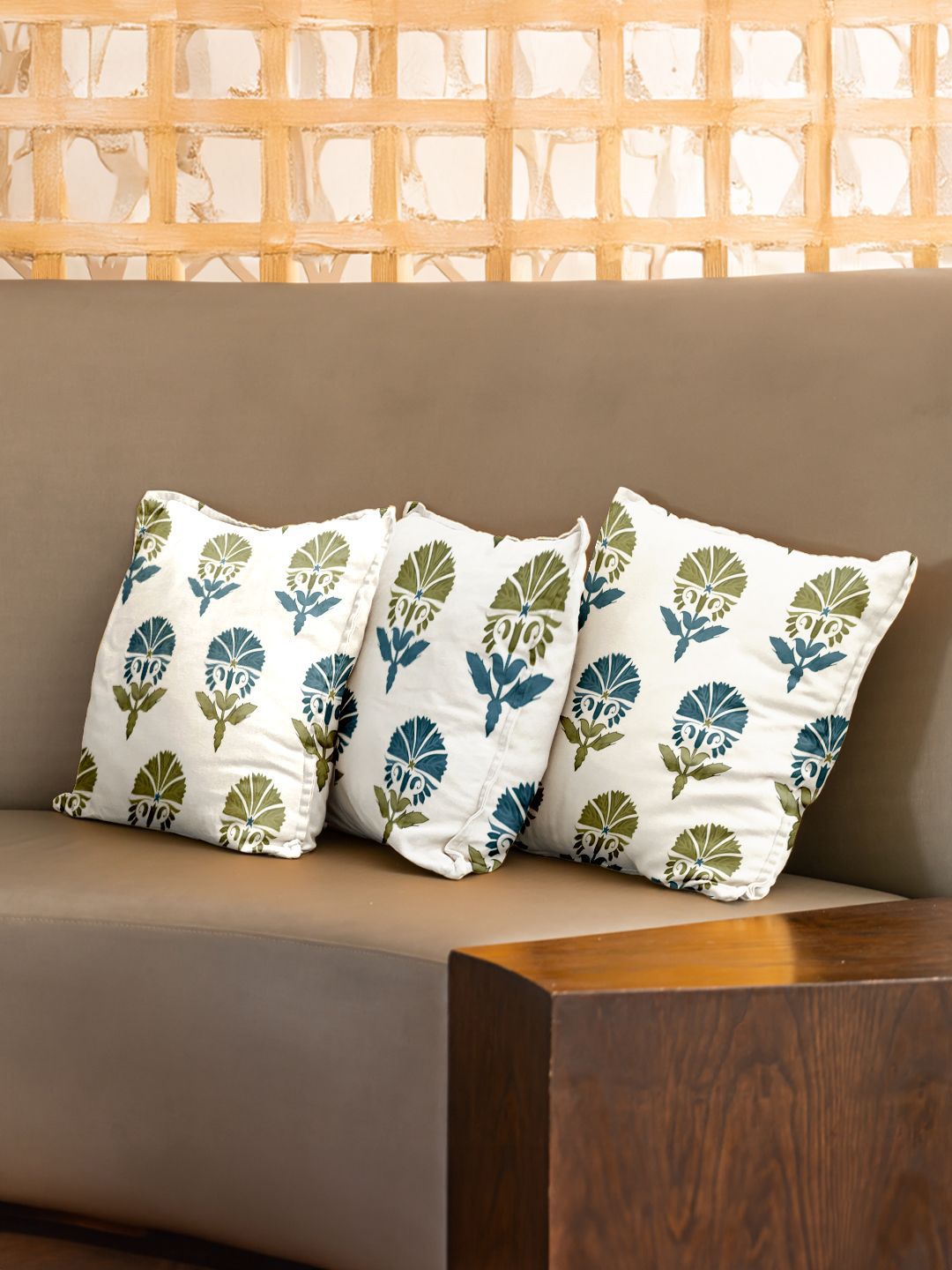 URBAN SPACE Blue & White 3 Pieces Floral Printed Cotton Square Cushion Covers