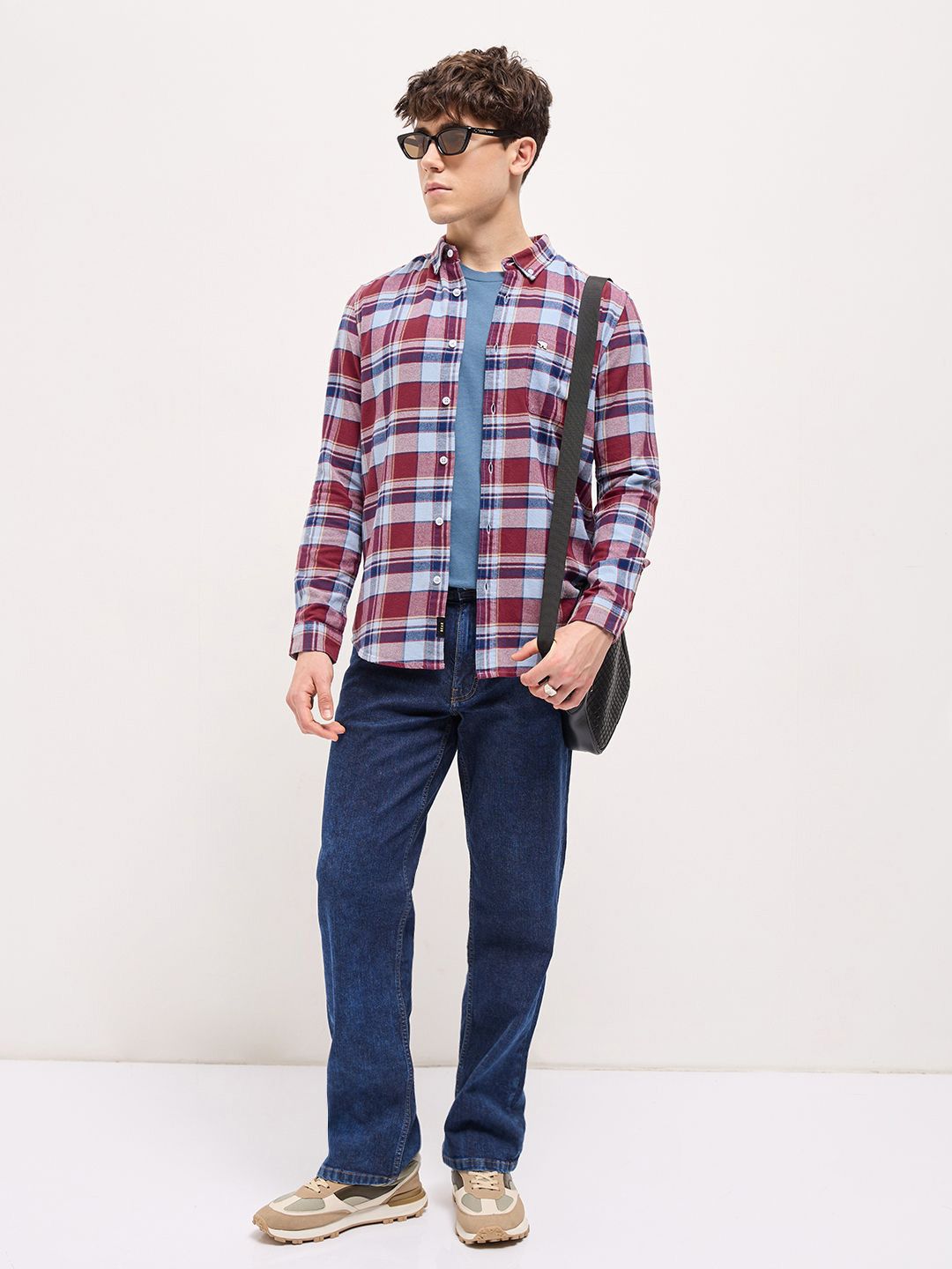 THE BEAR HOUSE Men Button-Down Collar Tartan Checked Cotton Slim Fit Shirt