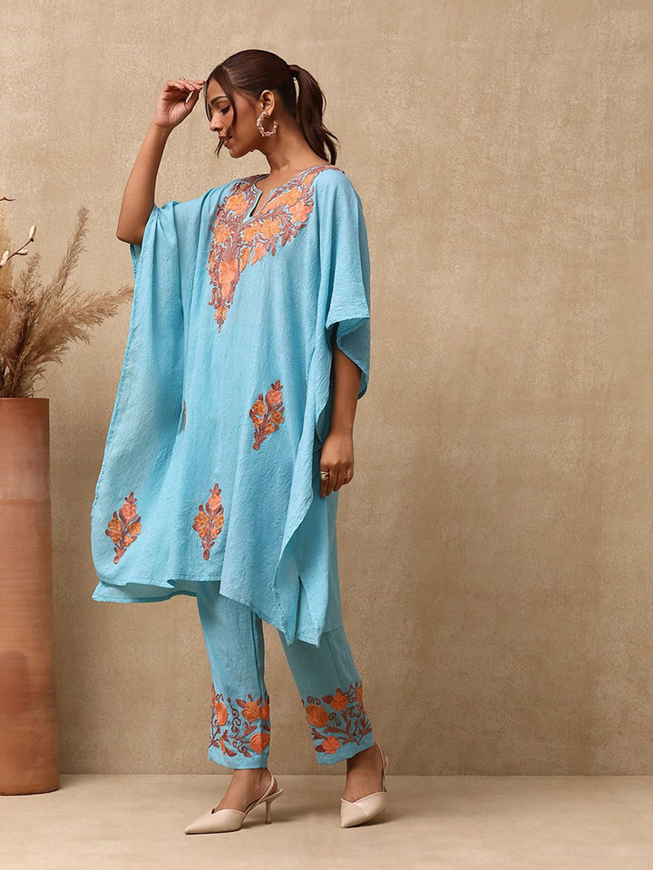 House of Chikankari Women Sky Blue Cotton Aari Embroidered Kaftan Set