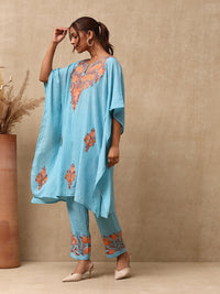 House of Chikankari Women Sky Blue Cotton Aari Embroidered Kaftan Set
