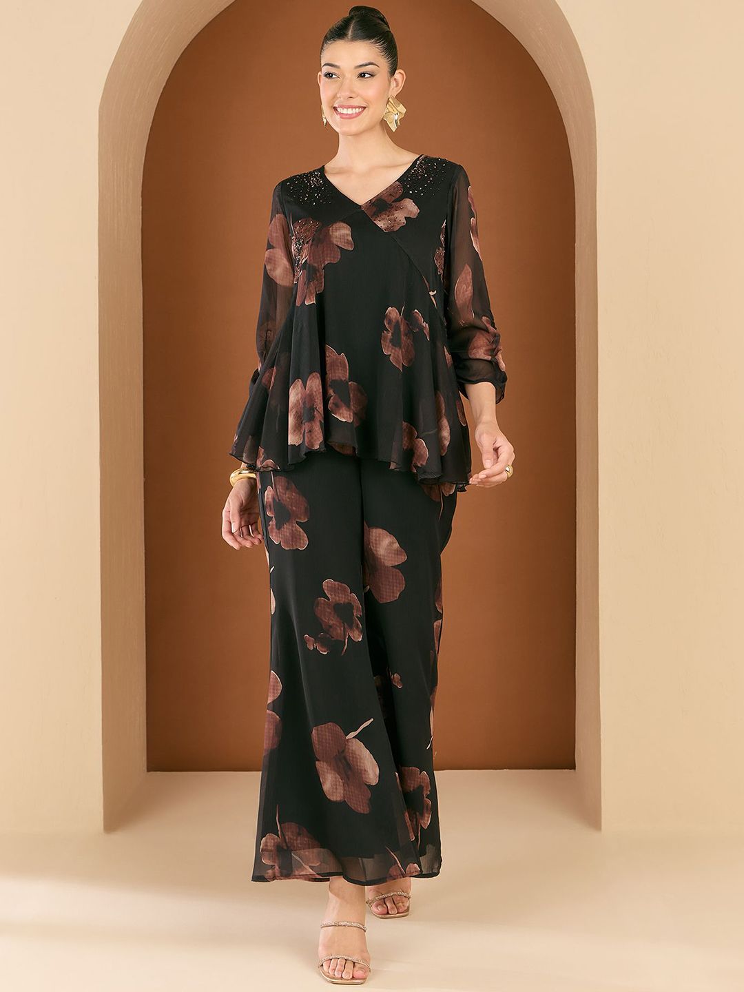 Antheaa Floral Printed Embellished V-Neck Top With Palazzos Co-Ords