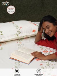 URBAN SPACE Peach-Coloured & White 200 TC Cotton Queen Bedsheet Set 1.27 m x 1.98 m