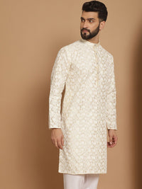Kurta Kerja Benang Motif Etnik Berwarna Krim Lelaki Anouk