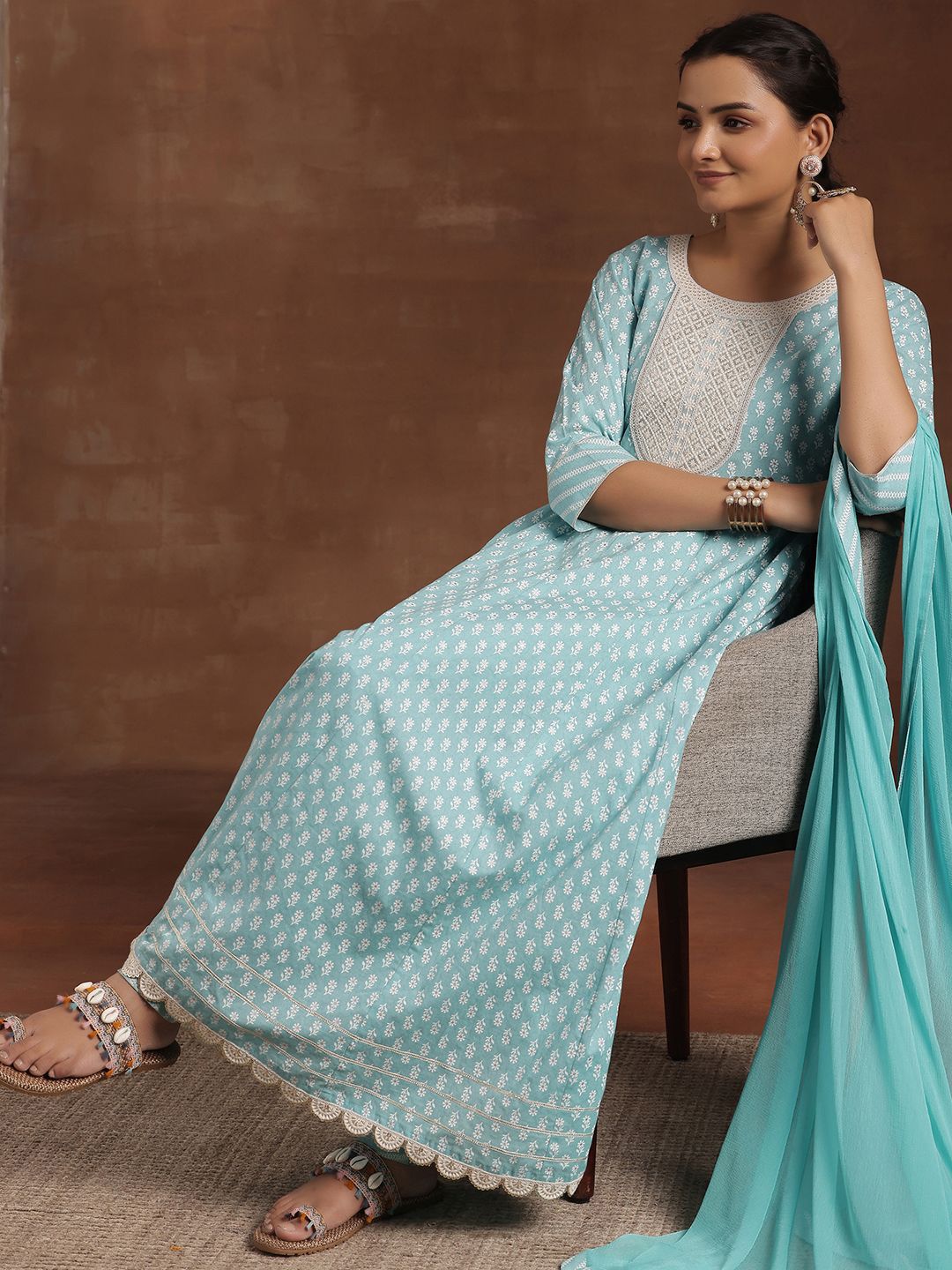 Libas Floral Printed Panelled Thread Work Pure Cotton Kurta with Churidar & Dupatta