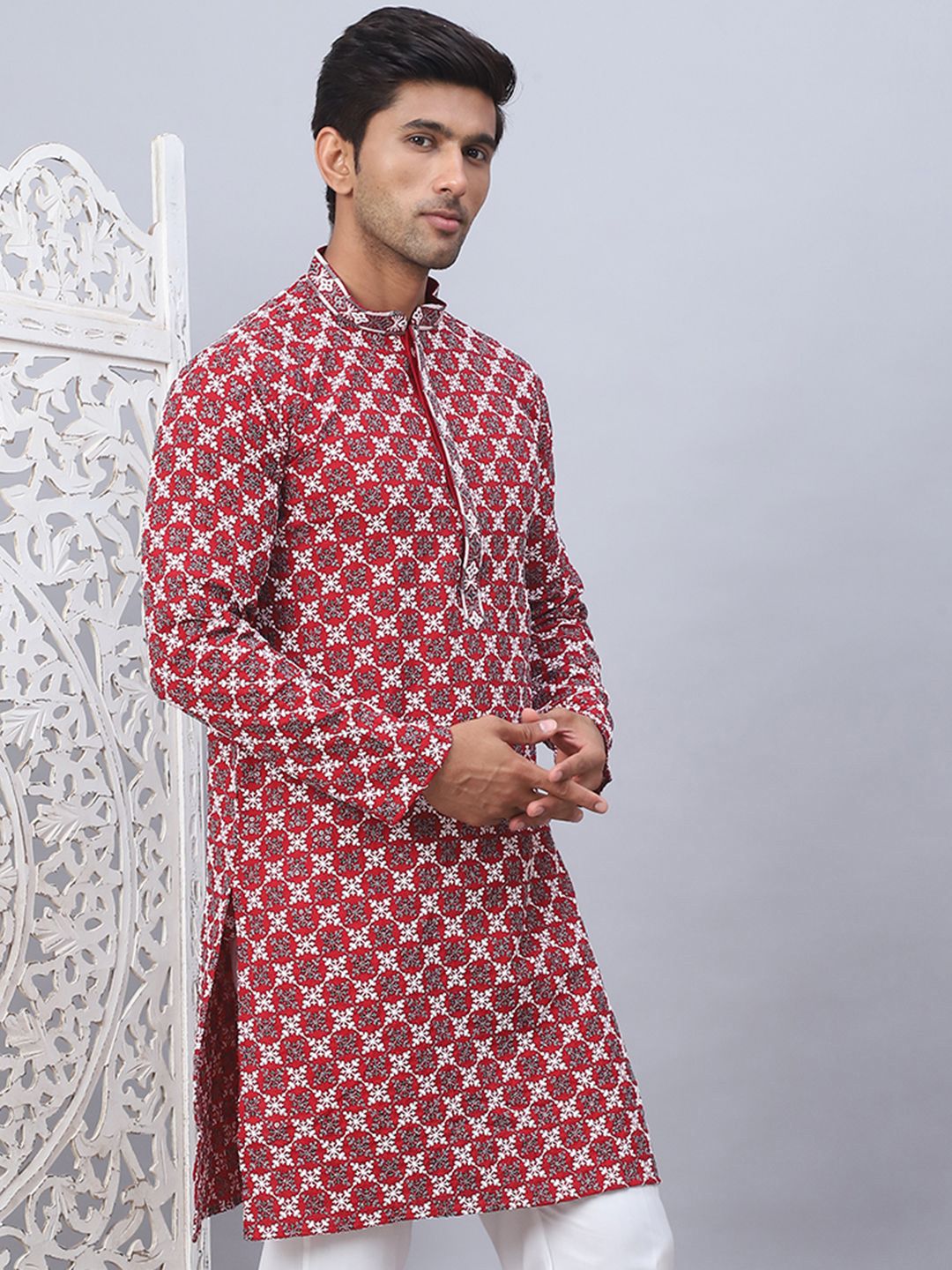 Jompers Floral Printed Mandarin Collar Straight Kurta