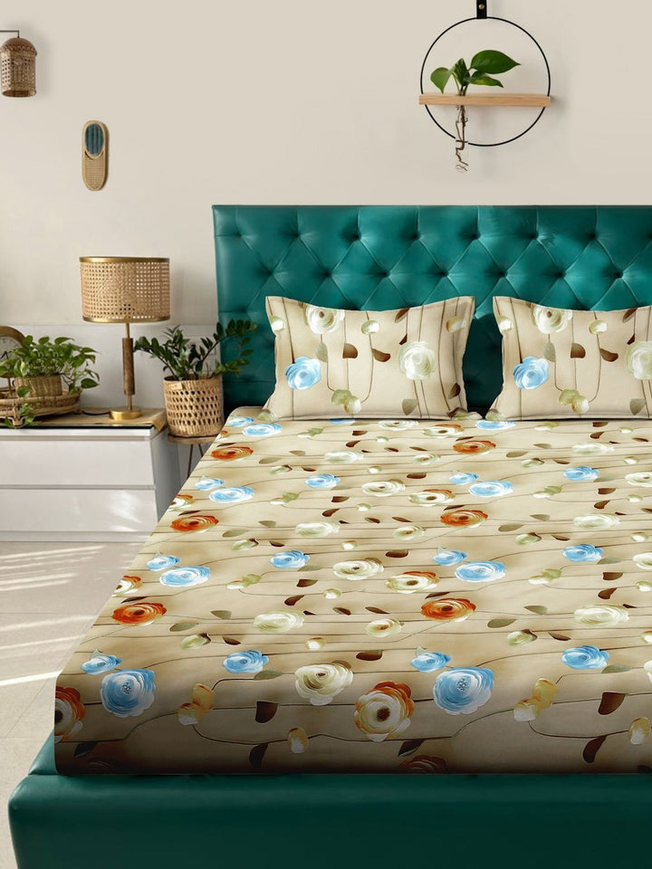 Myntra Elegant Beige Floral 300 TC King 7D Cadar dengan 2 Sarung Bantal