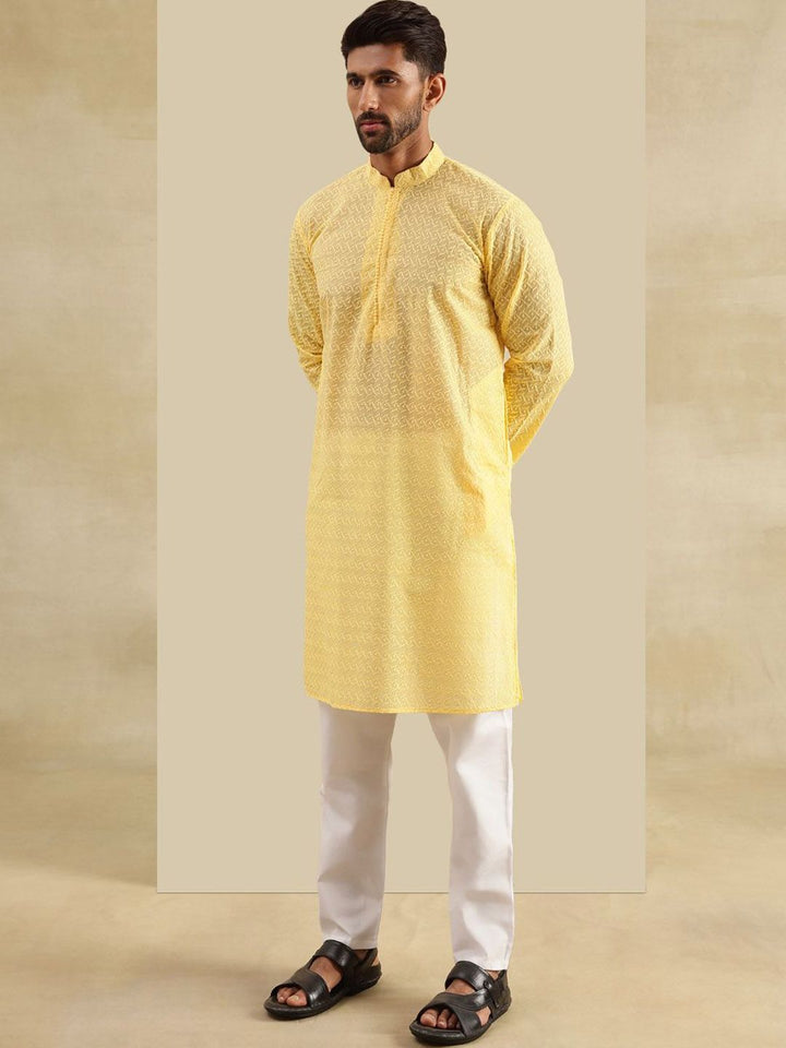 SOJANYA Kurta Lurus Sulam Geometrik Chikankari Kapas Tulen Dengan Piyama & Jaket
