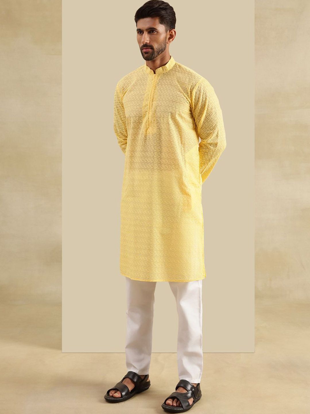 SOJANYA Kurta Lurus Sulam Geometrik Chikankari Kapas Tulen Dengan Piyama & Jaket