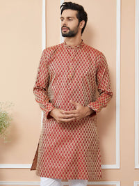 See Designs Ethnic Motifs Woven Design Mandarin Collar Silk Jacquard Straight Kurta