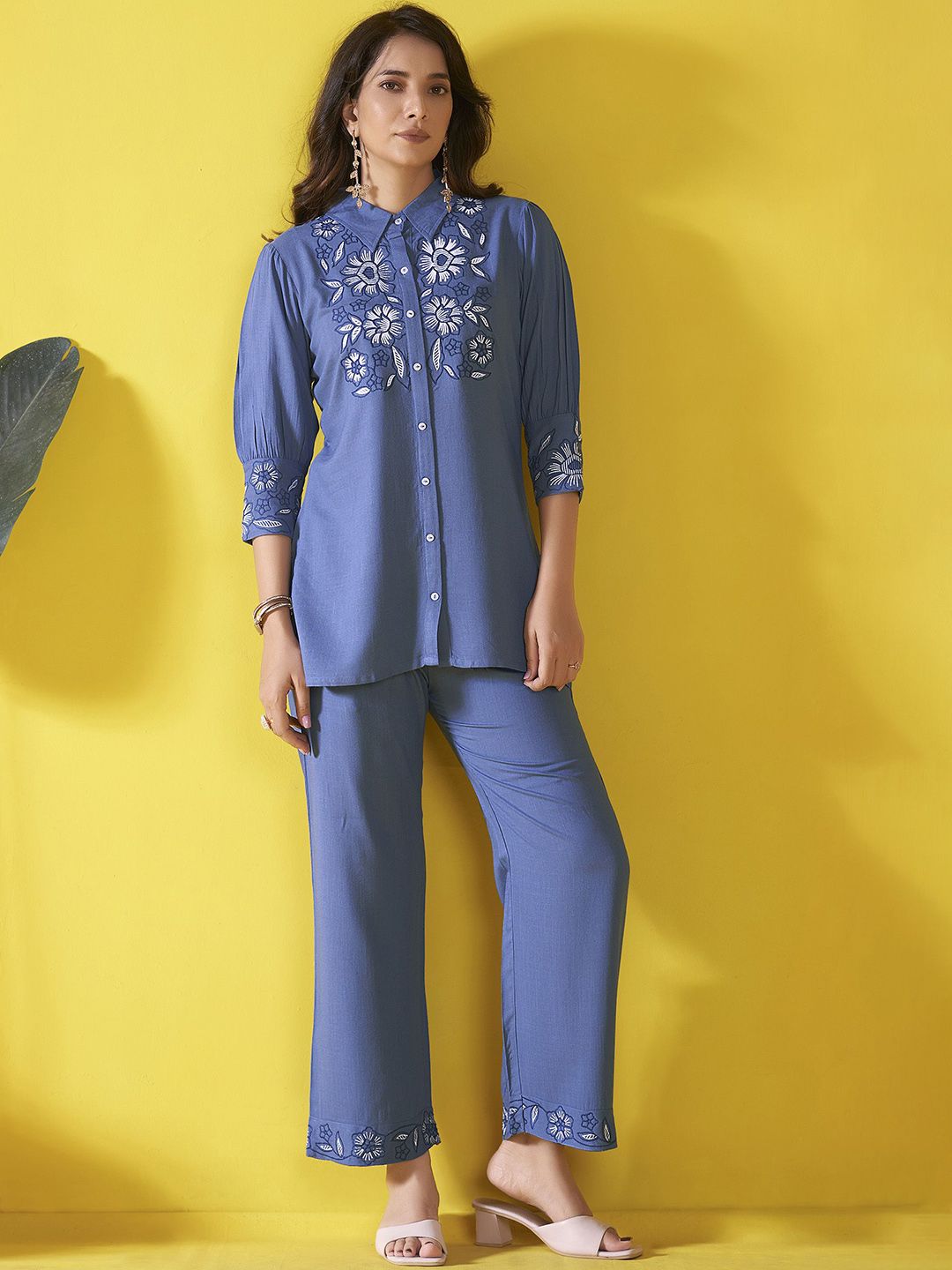 Anouk Blue and white Embroidered Liva Shirt With Trouser