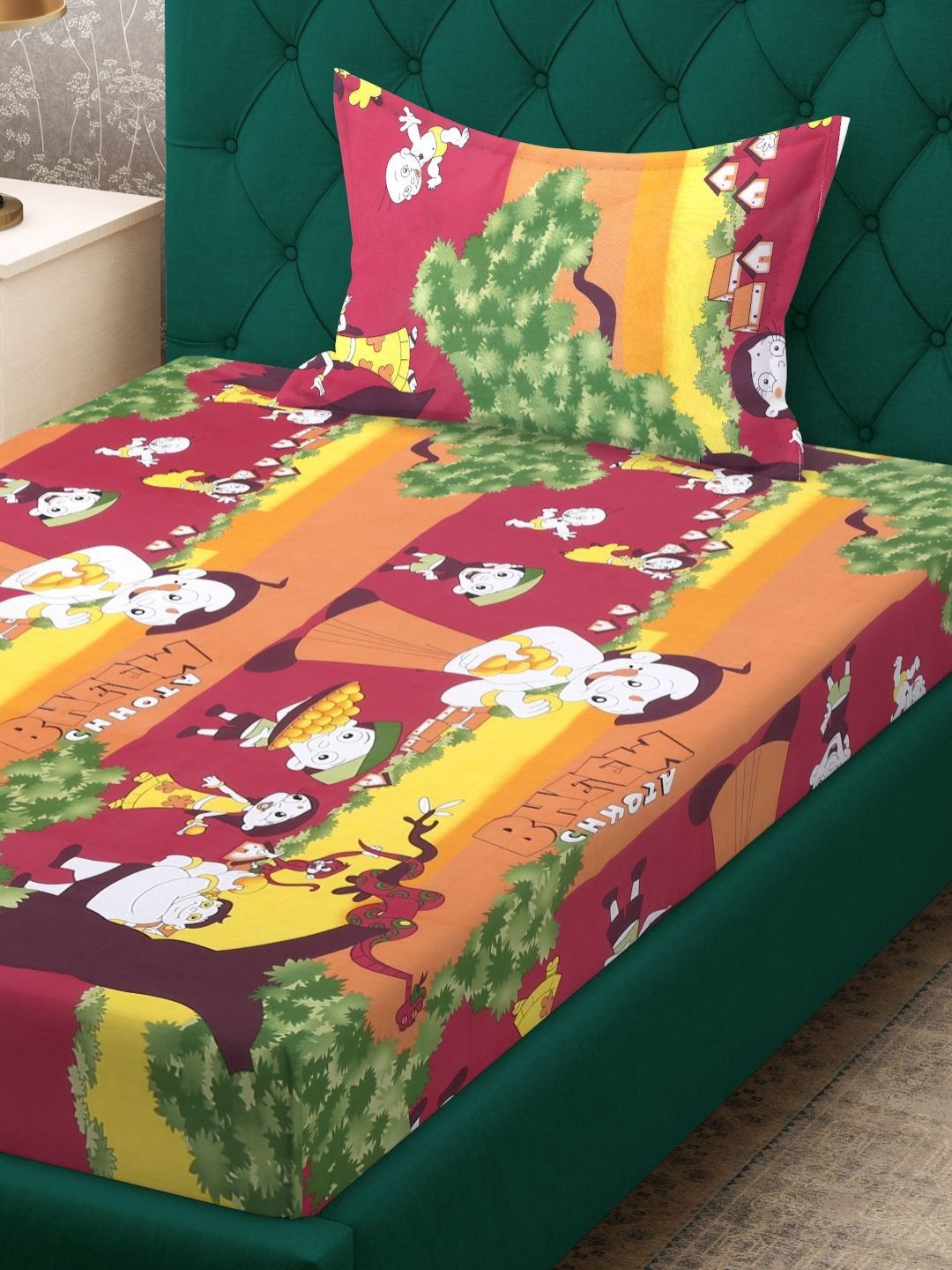 KLOTTHE Red Animal Pure Cotton 400 TC Single Superfine Bedsheet with a Pillow Cover-89 x 59 inches