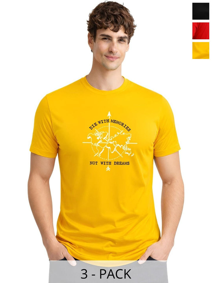 ADRO Men Pack of 3 Printed Round Neck Short Sleeves Cotton T-shirts