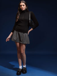 Tokyo Talkies Women Mock Collar Ribbed Pullover Sweater