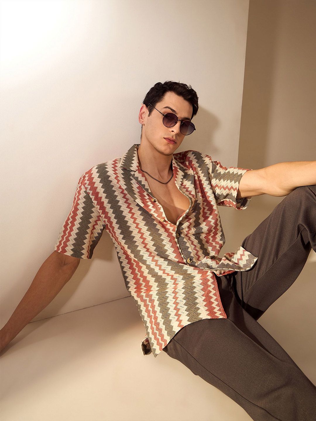 DENNISON Men Zigzag Pattern Drop-Shoulder Oversized Crochet Shirt